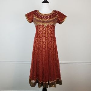 Traditional Indian Dress Pakistani Beaded Floral Embellished Metallic Burnt Red